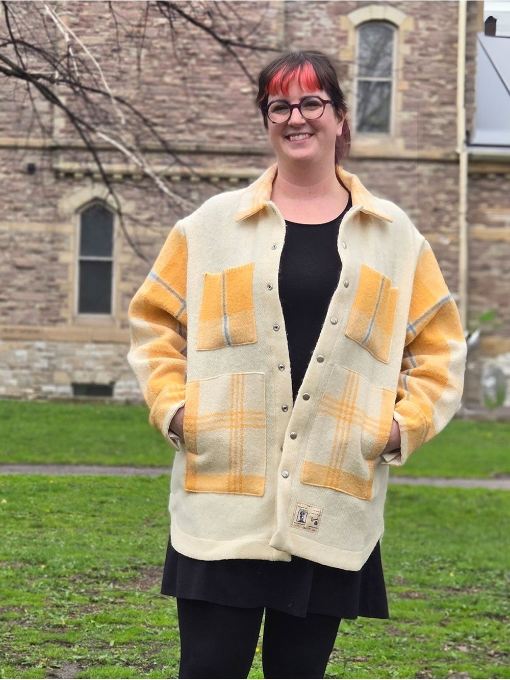 Upcycled Blanket Jacket - large - beige/yellow plaid